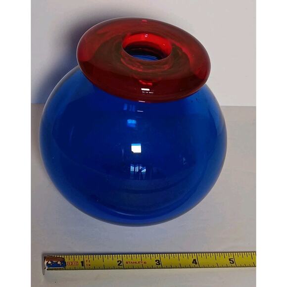 Art Glass Cobalt Blue With Red Open Top Bottle 5"H - Picture 10 of 13